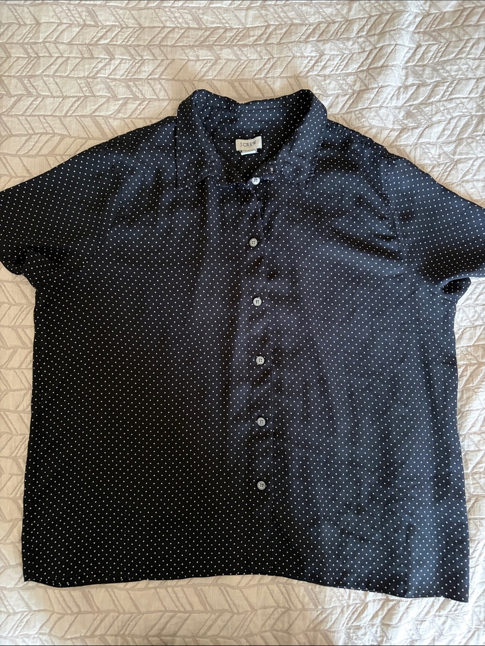 J. Crew Black Short-Sleeve Button-Up Shirt with White Micro Dots